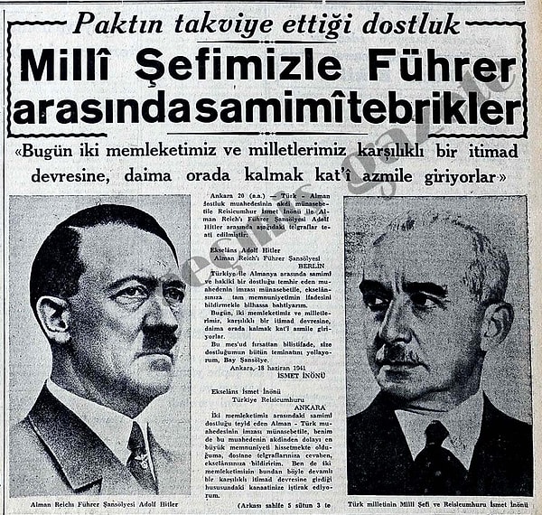 21 haziran 1941: Bu pakt üzerine İnönü ve Hitler'in karşılıklı telgraflaşması