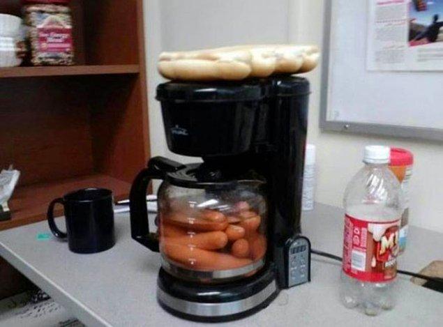 1. Use the coffee machine to boil your hot dogs and heat the bread with the steam coming out of it!