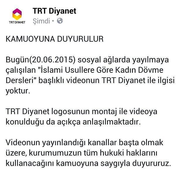 TRT Diyanet'ten yapılan açıklama şöyle: