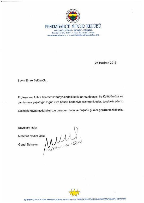 Fenerbahçe Kulübü'nden Emre Belözoğlu'na teşekkür mektubu