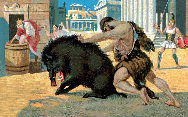 4. Erymanthian Dağında Yaşayan Büyük Yaban Domuzunu Yakalamak.