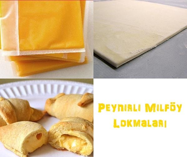 2. Dilimlenmiş Kaşar + Milföy Hamuru = Peynirli Milföy Lokmaları