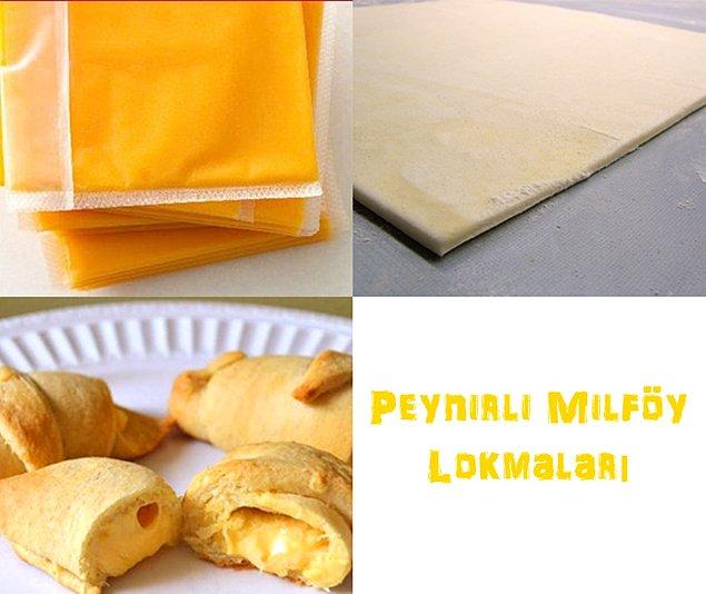 2. Dilimlenmiş Kaşar + Milföy Hamuru = Peynirli Milföy Lokmaları