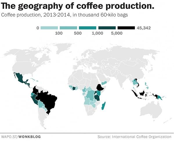 Kahvenin üretildiği coğrafyalar.