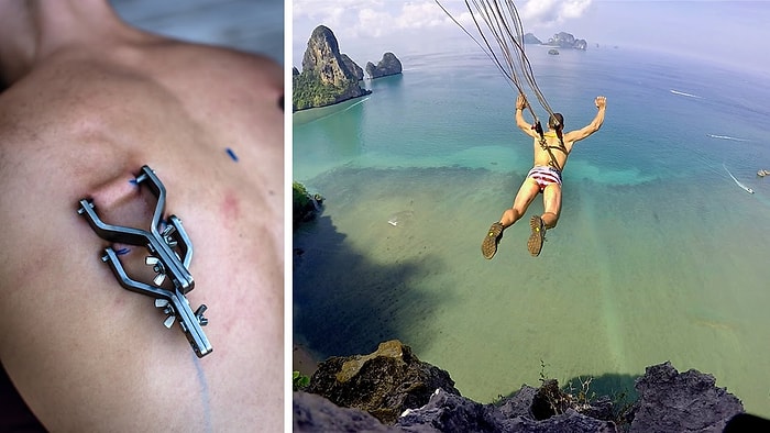 Sırt Derisine Monte Ettirdiği Paraşütle Atlayan Çılgın Adam