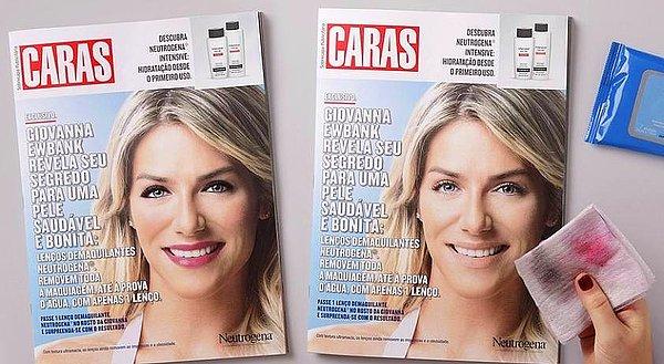 Dergi kapağında bulunan Giovanna Ewbank’ın makyajı, derginin yanında verilen temizleme mendili ile silinebiliyor.