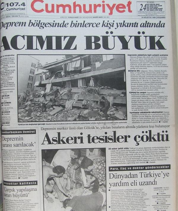 17 Ağustos 1999 Depreminin Ardından Atılan Gazete Manşetleri