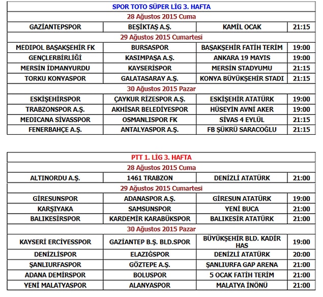 Karşılaşma başlama saatleri öne alınan Spor Toto Süper Lig ve PTT 1. Lig 3. hafta programları şöyle;
