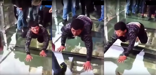 Yükseklik Korkusu Olan Adamın Cam Bölme Üzerindeki Korku Dolu Anları