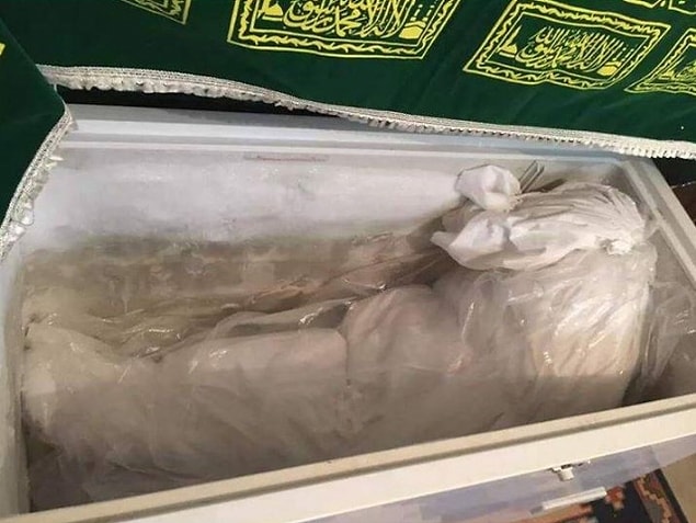Cemile’nin cansız bedeninin buzluktaki görüntüsü... Cenazenin kaldırılmasına izin verilmediği için, Cemile’nin bedeni bir buzlukta bekletiliyor.