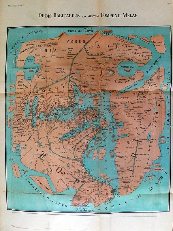 4. MS 43 yılında çizilmiş bir dünya haritası. Coğrafyanın babası olarak bilinen Romalı bilgin Pomponius Mela çiziminin yeniden yapılmış versiyonudur.