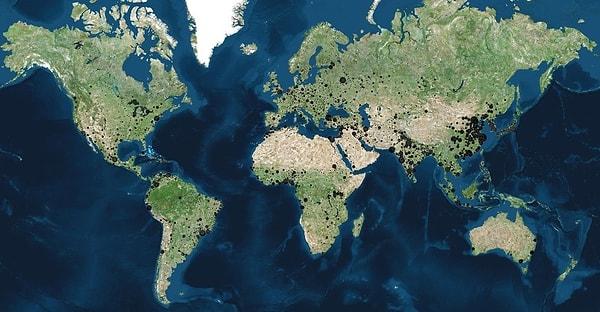 6. Dünyada 100.000den fazla nüfusa sahip şehirleri gösteren harita