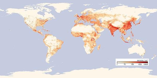 7. Dünya üzerindeki nüfus yoğunluğunu gösteren bir harita