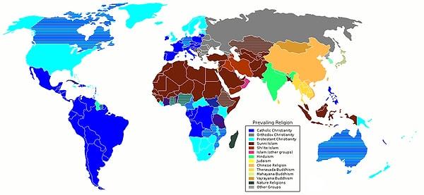10. Dünya üzerinde dinlerin dağılışını gösteren bir harita