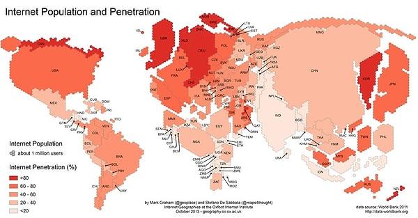 16. Ülkelere göre internet kullanıcılarının sayısını gösteren bir harita