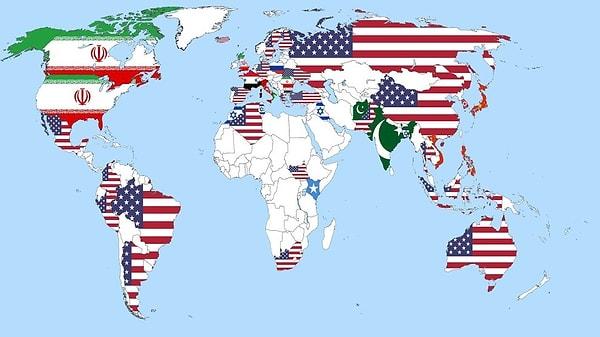 18. Dünya barışına en büyük tehditi oluşturan ülkelerle ilgili yapılan anketin sonuçlarını gösteren bir harita
