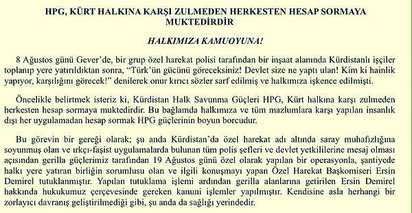 HPG dün yaptığı bir açıklama ile Ersin Demirel'i kaçırdığını açıklamıştı.
