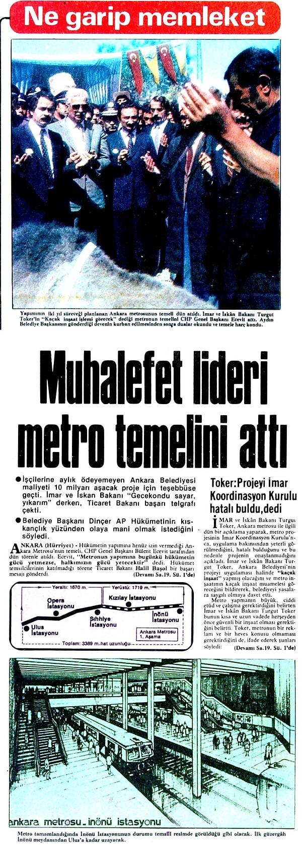 10 Eylül: Muhalefet lideri Ecevit, Ankara metrosunun temelini atıyor.