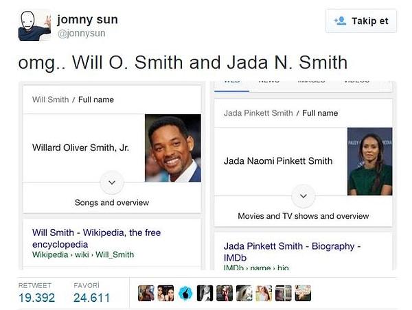 Sun'ın tweet'inde iddia ettiği şey son derece basit ve manasız: Will Smith ve eşi Jada Pinkett Smith'in ikinci adlarını gösteren fake bir Google araması