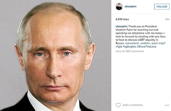 Elton John'un instagram hesabı üzerinden yaptığı paylaşımla, şakayı gerçekten ciddiye alarak Putin'e teşekkür etmesinin ardından Rusya bu konuşmayı yalanladı.