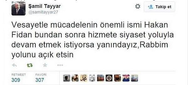 23. Tayyip Erdoğan, Hakan Fidan'ın vekil adaylığını eleştirince AKPli vekil Şamil Tayyar'ın sildiği tweet.