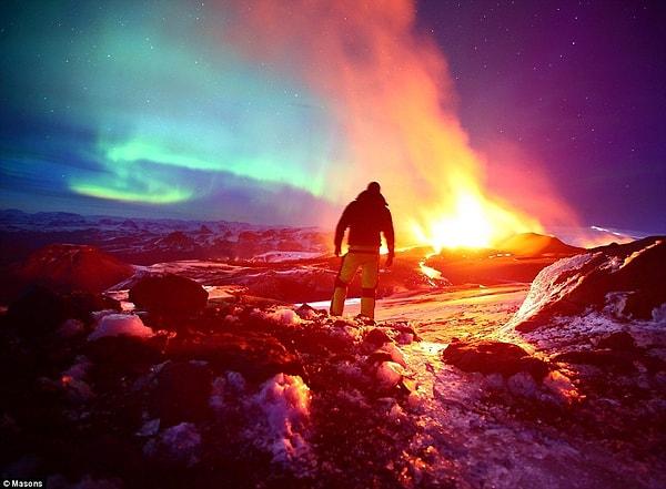 5. Kuzey ışıklarıyla volkanik patlamayı aynı anda görüp, hangisine daha çok şaşıracağınızı bile şaşırırsınız!