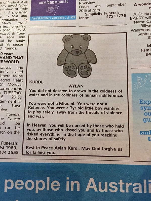 15. Некролог в австралийской газете, посвященный Айлану Курди
