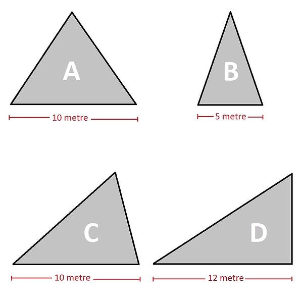 9. Geometri bilmeyen testi geçemez! Yükseklikleri aynı bu üçgenlerden hangisinin alanı daha büyüktür?