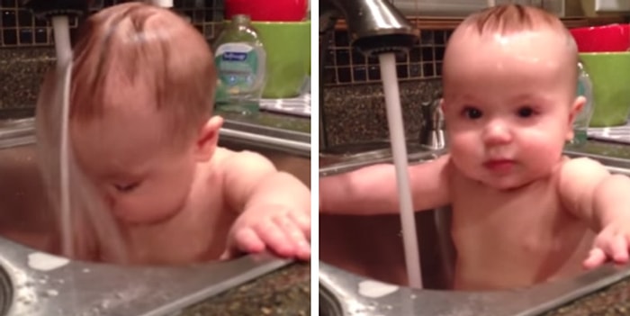 Lavaboda Banyo Yaparken Her Kafası Musluğun Altına Getirdiğinde Şaşıran Sevimli Bebik