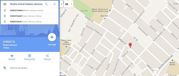 5. Burada karşımıza çıkan 'Google Haritalar'da Ara' bölümüne gitmek istediğimiz yeri yazıyoruz.