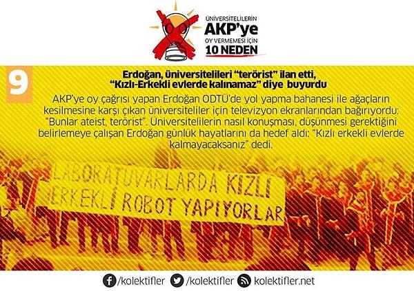 9. Erdoğan, üniversitelileri “terörist” ilan etti, “kızlı-erkekli evlerde kalınamaz” diye buyurdu.
