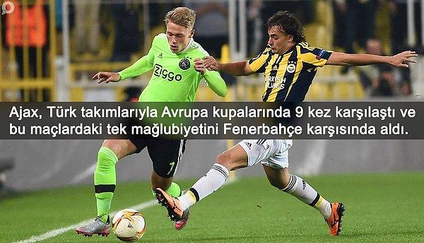 BİLGİ | Ajax, Türk takımlarıyla Avrupa kupalarında 9 kez karşılaştı ve tek yenilgisini Fenerbahçe karşısında aldı.