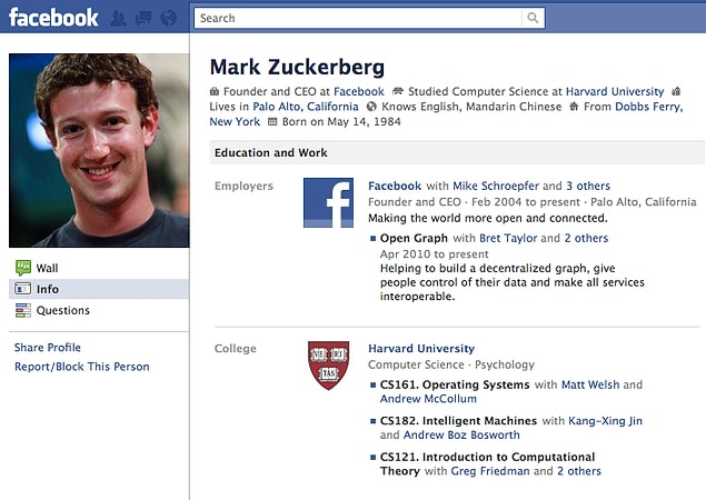 5. Facebook'un ilk profili tabii ki kurucusundan