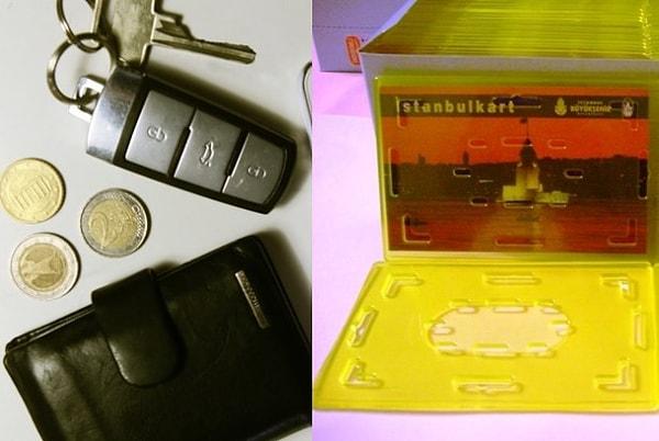 2. Mutlaka deri cüzdanın yanına konan araba anahtarı - Şeffaf sarı kabı içindeki İstanbul Kart