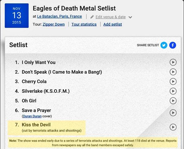 3. Saldırı sırasında Eagles of Death Metal, 'Kiss the Devil' şarkılarını çalıyordu.