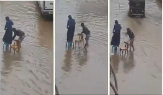 Eşi Islanmasın Diye Sandalyelerle Yol Yapan Tüm Zamanların En Centilmen Erkeği