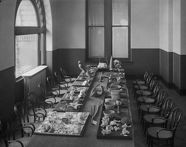 Çocukların dokunarak keşfedebilmesi için eşyalarla hazırlanan özel masa - 1917