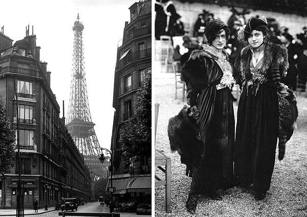 3. Paris'in arka sokaklarından çekilmiş Eiffel Kulesi ve dönemin moda anlayışını yansıtan kadınlar.