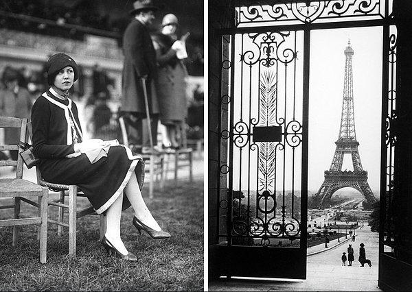 6. 1925 yılında görüntülenen Parisli bir kadın ve yine aynı yıl Trocadéro'dan çekilmiş bir Eiffel Kulesi fotoğrafı.