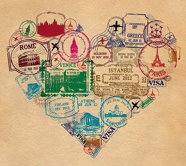 Коллаж, сделанный из паспортных штампов