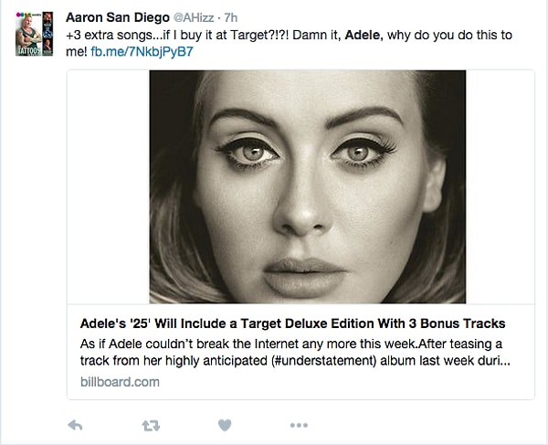 Что касается продажи альбома с бонусными песнями, Target’s Twitter продает эксклюзивный альбом Адель, который включает в себя бонусные треки:  1.	Can’t Let Go  2.	Lay Me Down  3.	Why Do You Love Me.    Да-да!!! Это и есть те самые, три дополнительные песни к альбому!!!   И к сожалению, альбом с тремя бонусными песнями можно купить только на Target’s Twitter.
