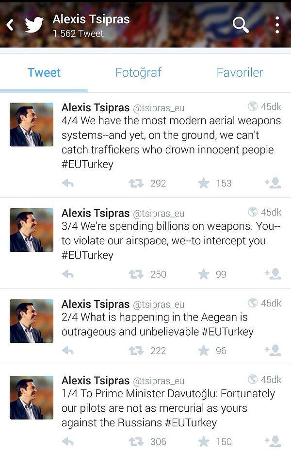 3. Aleksis Çipras, Davutoğlu ile sohbetinde bahsettiği konulara dair tweetler attı. Türkiye-Rusya krizine dair ifadeler de vardı, hava sahasının ihlaline dikkat çeken Çipras, 'Neyse ki bizim pilotlarımız sizinkiler kadar sinirli değil' ifadesini kullandı.