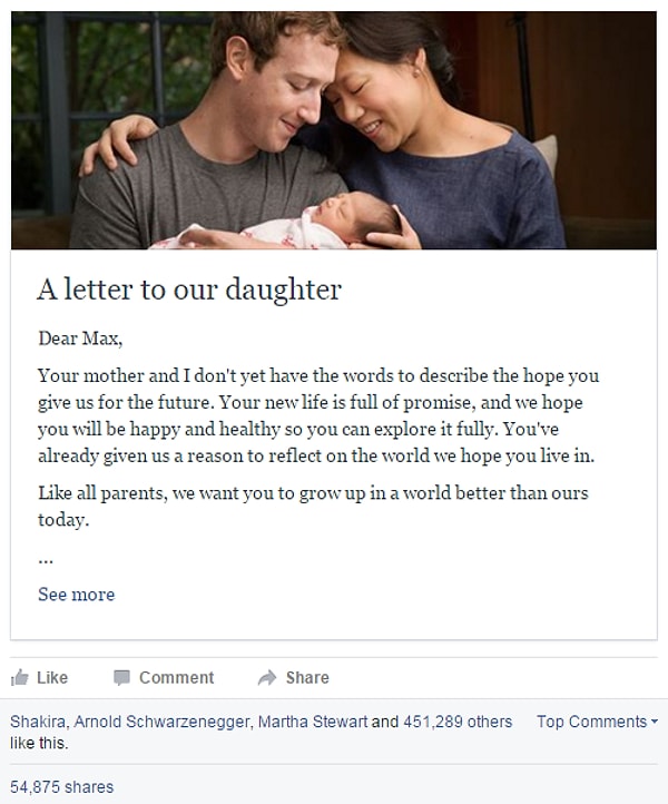 Марк даже опубликовал большое открытое письмо своей новорожденной дочери.