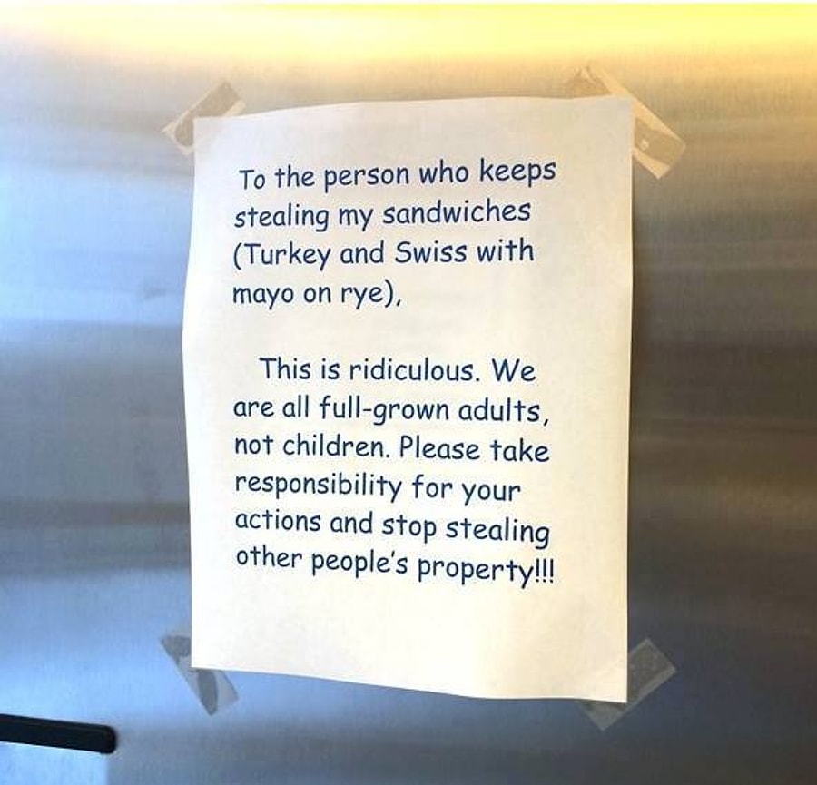 A person who steals. Note on the Fridge. Fridge with Notes. Stealing Turkey.