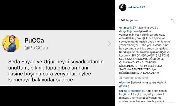 Çelik, Pucca'nın attığı bu tweet karşısında sinirlerine hakim olamadı ve Instagram hesabından Pucca'nın attığı tweet'i paylaşarak, onu ağır sözlerle itham etti.