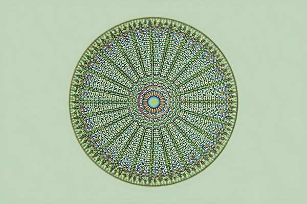 14. Панцирь диатомовой водоросли через микроскоп.