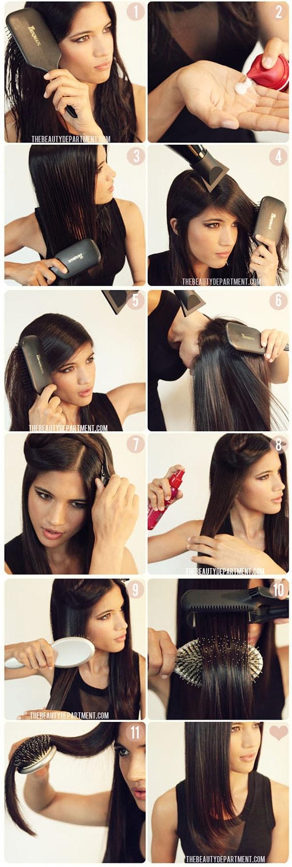 5. Bir fırça yardımıyla saçını şekildeki gibi kuruttuktan sonra, düzleştirirsen işin çook daha kolaylaşacaktır!