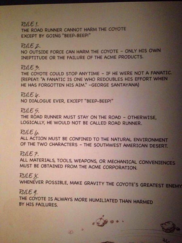 6. Chuck Jones'un Roadrunner ve Coyote çizgi filmi için belirlediği kuralların yer aldığı orijinal metin.