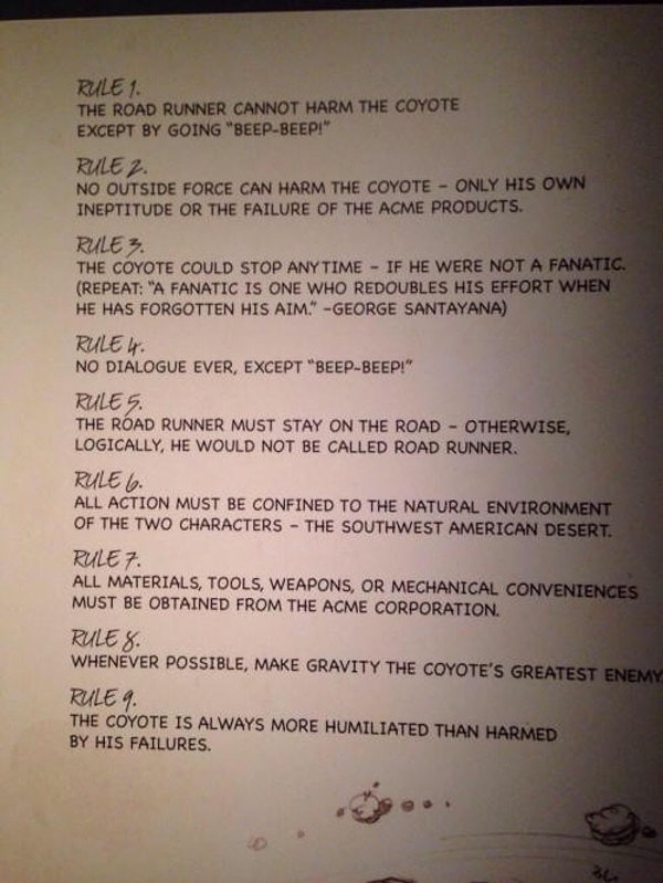 6. Chuck Jones'un Roadrunner ve Coyote çizgi filmi için belirlediği kuralların yer aldığı orijinal metin.