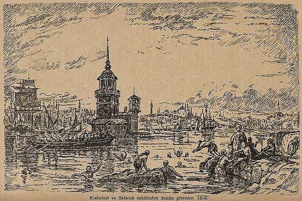 Sabiha Rüştü Bozcal'nın 1928 yılında resmettiği İstanbul Kız Kulesi ve Salacak sahilinden denize girenler.